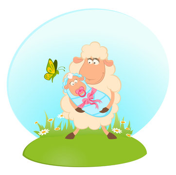 Cartoon smiling sheep mother with infant baby