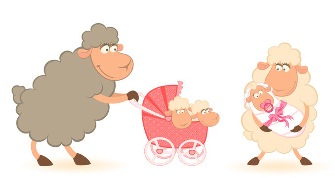 Cartoon smiling sheep mother with infant baby