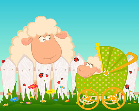Vector Cartoon smiling sheep with scribble baby carriage