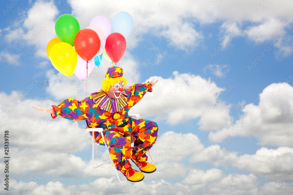 Poster clown flies through sky