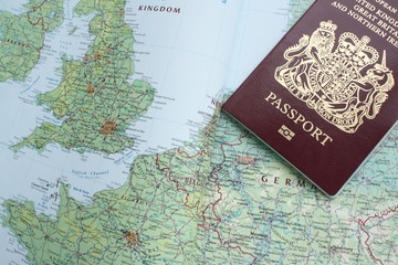 Great Britain passport and partial map of Europe