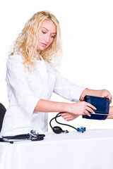Woman doctor preparing to measure blood pressure