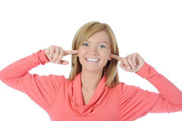 young woman with fingers in ears