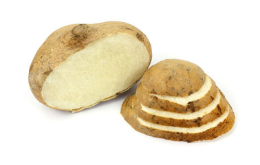 Jicama root that has been cut and sliced