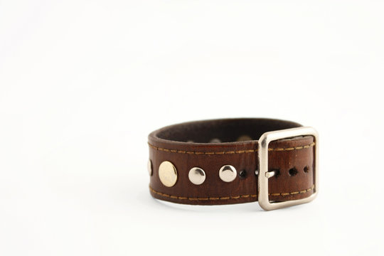 Leather Wristband With Silver Rivets And Buckle