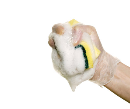 hand with a spoonge isolated over white