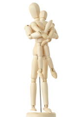 wooden figures of parent carring his child from back, full body,