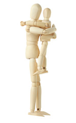 wooden figure of parent holding and embracing his child