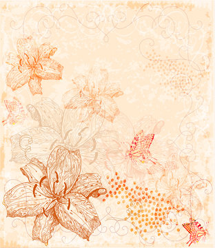 sepia floral background with butterflies
