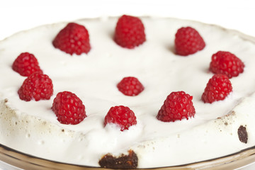 Decorated Raspberry and Cream Icing on a Chocolate Cake