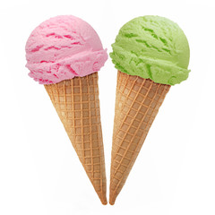 strawberry and green tea or mint ice cream scoops with cone isolated on white background	