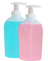 Blue and Pink liquid hand Soap bottles