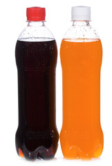 wet bottles with cola and orange soda