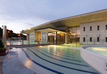 Modern spa exterior in sunset