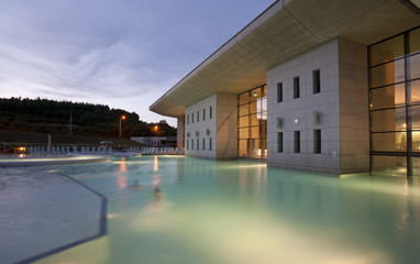 Modern spa exterior in sunset