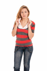 Fototapeta premium Young beautiful girl standing posing like a fashion model