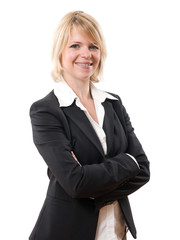successful smiling businesswoman standing isolated on white