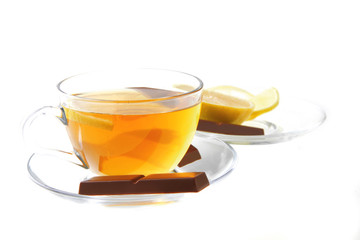 dark chocolate and tea on white