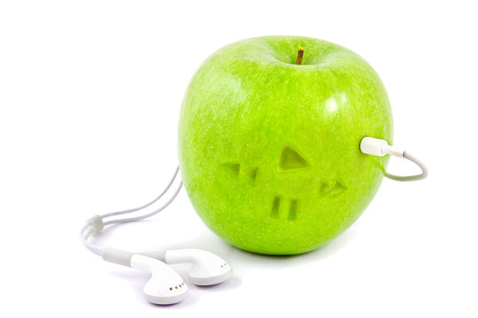 Green Apple With Headphones