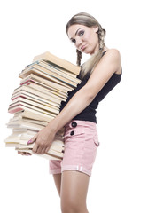 girl with pile of books
