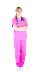 Assertive female surgeon with folded arms smiling