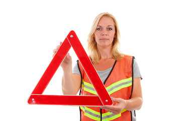 Woman in safety vest over white background