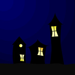 three small houses with lights on vector illustration
