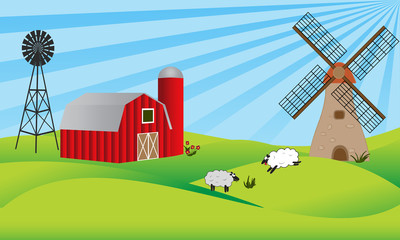Farmland with barn and windmill