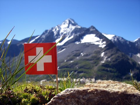 Schweizer Flagge vor Alpenkulisse