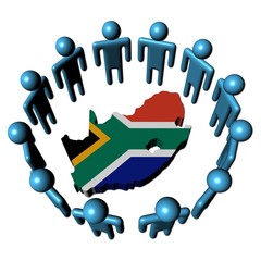 Circle of people around South Africa map flag illustration