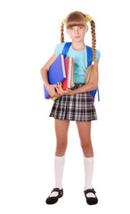 Schoolgirl with backpack holding books.