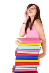 Girl with pile colored book. Isolated.