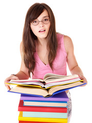Girl with pile colored book. Isolated.