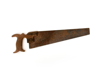 Old and rusty crosscut hand saw on white background