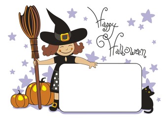 Halloween witch and pumpkin and cat