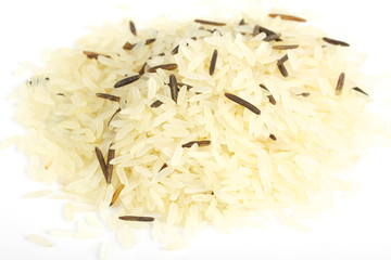 Closeup of long rice mixed with wild rice isolated on white