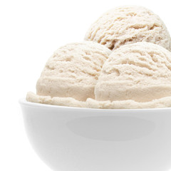 vanilla ice cream scoops in bowl isolated on white background	