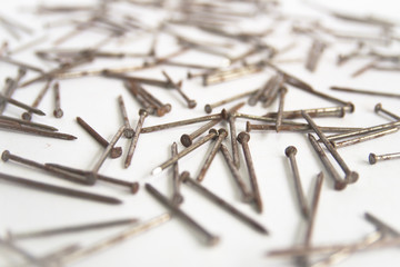 Several nails rust on a white background.