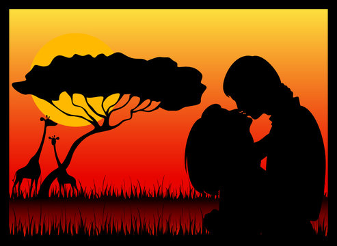 Vector silhouette of lovers on a background safari