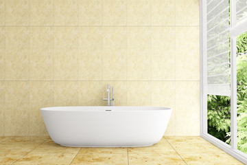 modern bathroom with beige tiles on wall and floor