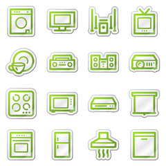 Household appliances web icons, green sticker series