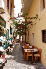 Outdoor restaurant in old city part of Retimno, Crete, Greece