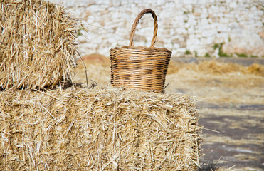 Wicker basket leaning on haistacks bales.