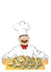 The photo the cheerful cook holds a tray with money