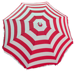 parasol rouge et blanc, plage vacances soleil, fond blanc - obrazy, fototapety, plakaty