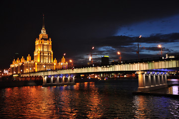 Fototapeta na wymiar Ukraine Hotel at night. Moscow, Russia.
