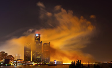 Detroit skyline covered in smoke