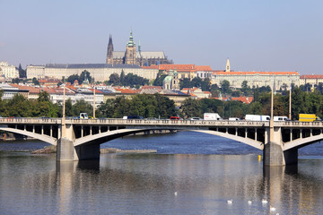 Fototapeta premium The View on summer Prague above River Vltava with gothic Castle