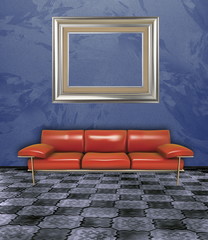 Red couch with empty frames in blue minimalist interior.