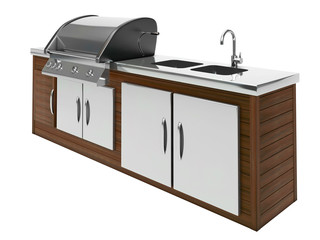 stainless steel barbecue with wooden table